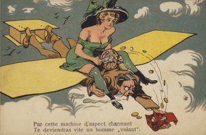 Frau mit halb freigelegter Brust reitet auf einem Mann/Flugzeug von French School
