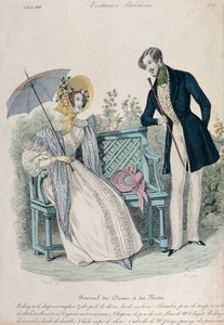 Frau mit Regenschirm und Mann im Gehrock in einem Garten, Modeplatte aus Journal des Dames et des Modes, 5. Juni 1836