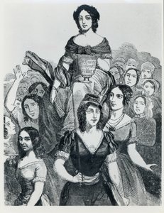 Frauen tragen Jeanne Deroin (1805-94) im Triumph, aus Les Femmes Celebres, Band I, Paris, Mazenod, 1848 von French School