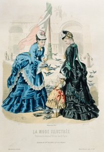 Frauen und ein Kind, die Tauben füttern, aus La Mode Illustrée, 1872 von French School