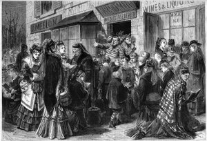 Frauen und Kinder singen Hymnen an der Tür von Likörflüssen aus Chicago in die Vereinigten Staaten