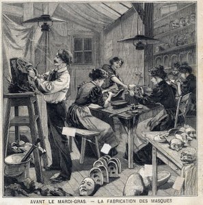 Werkstatt zur Herstellung von Masken für die Verkleidungen des Karnevals. In „Le Petit Parisien“ am 14.02.1897
