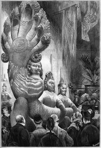 Weltausstellung 1878 in Paris: Statuen der kambodschanischen Riesen und des Polycephal-Schlange, berichtet von der Delaporte-Mission, ausgestellt in der Retrospektivgalerie des Trocadero. Gravur in „Le Monde Illustré“ Nr. 1127 vom 1. November 1878. von French School