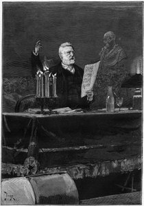 Schriftsteller Victor Hugo (1802-1885) spricht anlässlich des 100. Todestages von Voltaire, berühmt im Théâtre de la Gaîté in Paris am 30. Mai 1878. Gravur in „Le Monde Illustré“ Nr. 1106 vom 8. Juni 1878. von French School