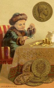 Junger deutscher Bankier, der Deutschmarks wiegt, aus einer Serie von Werbekarten über Währungen in verschiedenen Ländern, veröffentlicht in Paris von Baster & Vieillemard für den Schokoladenhersteller Chocolat