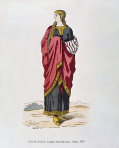 Junge karolingische Mädchen, um 990, aus Costumes civils et militaires des francais a travers les siecles