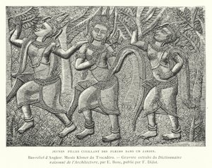 Junge Mädchen pflücken Blumen in einem Garten, Basrelief aus Angkor, Kambodscha (Gravur) von French School