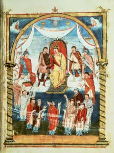 König Karl II. erhält eine Bibel von Graf Vivian und den Mönchen von Saint-Martin de Tours, aus der ersten Bibel von Karl dem Kahlen, ca. 843-51