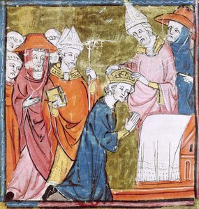 Die Krönung von Kaiser Karl dem Großen (742-814) durch Papst Leo III. (ca. 750-816) in St. Peter, Rom im Jahr 800, Grandes Chroniques de France, 1375-79 von French School