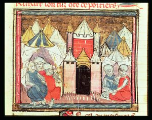 f.259r Die Belagerung von Château-Gaillard im Jahr 1204, als Philipp II. August von Frankreich (1165-1223) König Johann (Ohneland) von England (1199-1216) besiegte, aus den Grandes Chroniques de France, 1375-79 von French School