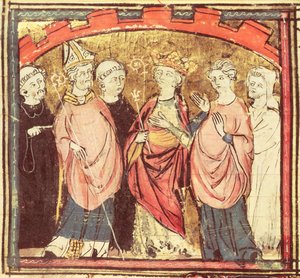 Dagobert I. (605-39), König der Franken, empfängt das Königreich Frankreich, aus den Grandes Chroniques de France, 1375-79 von French School