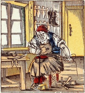 Beruf: Schuhmacher, der eine Sohle repariert, Ende des 19. Jahrhunderts