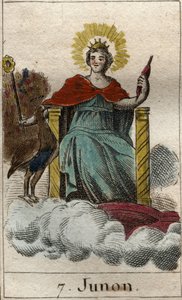 Darstellung der Göttin Juno, Königin der Götter und des Himmels, sie ist die Schwester und Frau von Jupiter. Aus „Mythologie der Jugend“ von Pierre Blanchard 1803 von French School