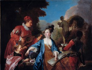 Teegesellschaft im Park. Junge Adlige werden im Garten von einem jungen schwarzen Diener bedient. Gemälde der französischen Schule. 18. Jahrhundert. Rouen, Musée des Beaux-Arts von French School