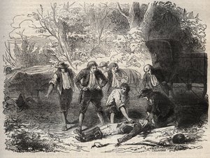 Die Lyoner Postkutschenaffäre - Affaire du courrier de Lyon - die Postkutsche wird in Seine-et-Marne von 5 Personen am 28. April 1796 überfallen - Gravur in „Causes célèbres de tous les peuples“ von Armand Fouquier (1817-18?) 1858-1867 - private Sammlung