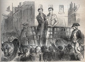 Affäre des Lyoner Postkuriers: Joseph Lesurques und Couriol gehen am 3. Oktober 1796 zur Guillotine - Gravur in „Berühmte Fälle aller Völker“ von Armand Fouquier von French School