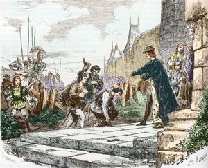 Der Delfin Louis (später Ludwig XI.), der Herzog Johann II. von Alençon und der Herzog Karl I. von Bourbon bitten König Karl VII. um Vergebung