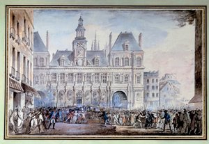 Ansicht des Place de Greve am 14. Juli 1789. Aquarell