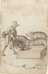 Ein Narr, der Schweinen Blumen füttert [fol. 42 recto] von French early 16th Century