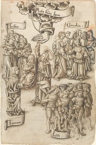 Hoffnung, die nach dem Himmel greift, steht unter traurigen und glücklichen Männern, Freuden und Ängsten (fol. 19 Vorderseite)