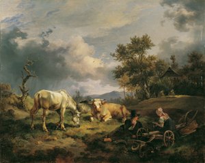 Junges Bauernpaar auf dem Feld rastend von Friedrich August Mathias Gauermann