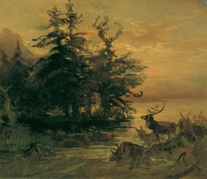 Suhlende Hirsche am Ufer eines Bergsees von Friedrich August Mathias Gauermann