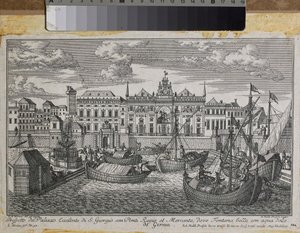 Plan von Genua mit der Darstellung der Königlichen Brücke, der Neuen Brücke von Mercanzia und dem Palast von St. Georg vom Meer aus gesehen (Stich) von Friedrich Bernhard Werner
