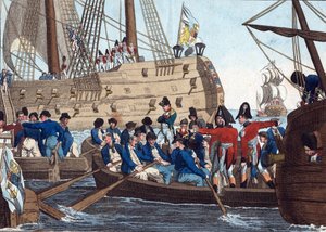Napoleon Bonaparte als Gefangener der Engländer wird am 8. August 1815 von der Bellerophon nach Northumberland gebracht