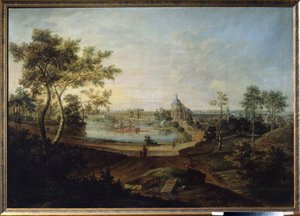 Ansicht des Großen Palastes in Oranienbaum, gebaut von Architekt Antonio Rinaldi für Kaiserin Katharina II. die Große. Gemälde von Friedrich Hartmann Barisien (1724-1796) 1758 Staatliches A. Puschkin-Museum der Schönen Künste, Moskau