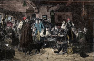 Schlesischer Krieg: Rekrutierung für die Schlesische Armee - Schlesische Kriege (1740-1763): Rekrutierung der Truppen von Friedrich II. von Preußen, genannt der Große (1712-1786) - 1882 - Holzschnitt von Friedrich Hiddemann (1829-1892)