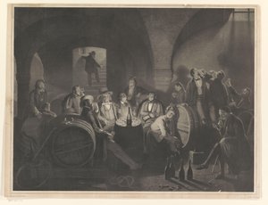 Gesellschaft trinkender Männer in einem Weinkeller von Friedrich Jentzen