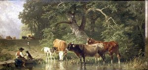 Viehtränke an einem Waldteich von Friedrich Johann Voltz