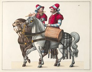Zwei Musiker bei einem Turnier, Platte aus Eine Geschichte der Entwicklung und Bräuche der Ritterlichkeit, von Dr. Franz Kottenkamp, veröffentlicht von Carl Hoffmann, 1842