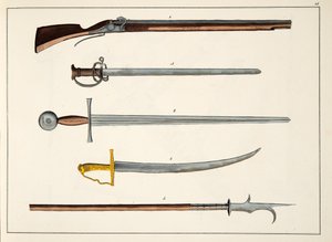 Waffen einschließlich Schwerter und Speere, ca. 1400, Tafel aus A History of the Development and Customs of Chivalry, von Dr. Franz Kottenkamp, veröffentlicht von Carl Hoffmann, 1842 von Friedrich Martin von Reibisch