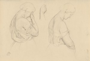 Zwei weibliche Figuren in Halbfigur und eine Studie einer Hand