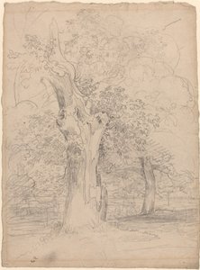 Ein alter Baum mit Figuren in einer Landschaft