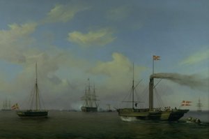 Das dänische Geschwader vor Anker auf der Reede von Warnemünde. Ihre königlichen Hoheiten der Kronprinz und die Kronprinzessin kommen mit dem Dampfschiff "Kiel" zum Geschwader, und das Kriegsschiff "Christian der Achte" beginnt zu salutieren von Friedrich Theodore Kloss