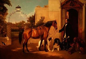 Ein Gentleman mit seinem Jagdhund und Hunden vor seinem Haus von Friedrich Wilhelm Keyl