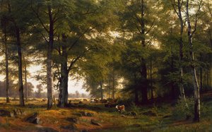 Eine bewaldete Landschaft mit einem Kuhhirten