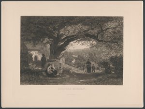 Dorfansicht mit Einwohnern in Sonntagskleidung von Fritz Dinger