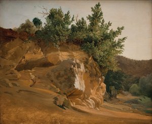 Italienische Berglandschaft mit überwachsenem Felsen, wahrscheinlich in der Nähe von Olevano