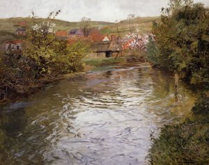 Bauernhäuser am Ufer eines Baches
