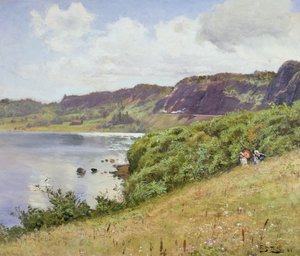 Zwei Damen spazieren in der norwegischen Landschaft, 1883