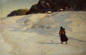 Winterszene mit einem Skifahrer von Fritz Thaulow