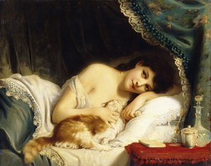 Eine liegende Schönheit mit ihrer Katze