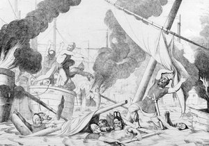 Griechisches Feuer während der Belagerung von Konstantinopel, vor 1839 von Fyodor Antonovich Bruni