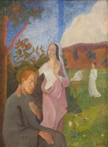 Dekoratives Bild. Die Vision des Heiligen Franziskus mit den drei weißen Jungfrauen von G.F. Clement