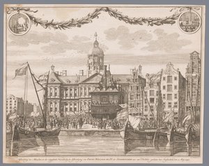 Menschenmenge auf dem Dam in Amsterdam feiert die Proklamation von Wilhelm IV. als Statthalter