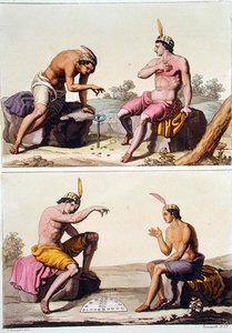 Indianer spielen Queciu (oben) und Porotos (unten), Chile, aus 