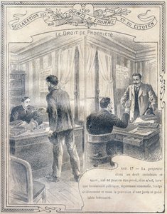 1789: Erklärung der Menschen- und Bürgerrechte: Das Recht auf Eigentum. Gravur in "Das einzigartige Buch der Moral und staatsbürgerlichen Erziehung, bestimmt für die Schüler der drei Kurse der Grundschule und für die Schüler der Grundklassen der Gymnasien 